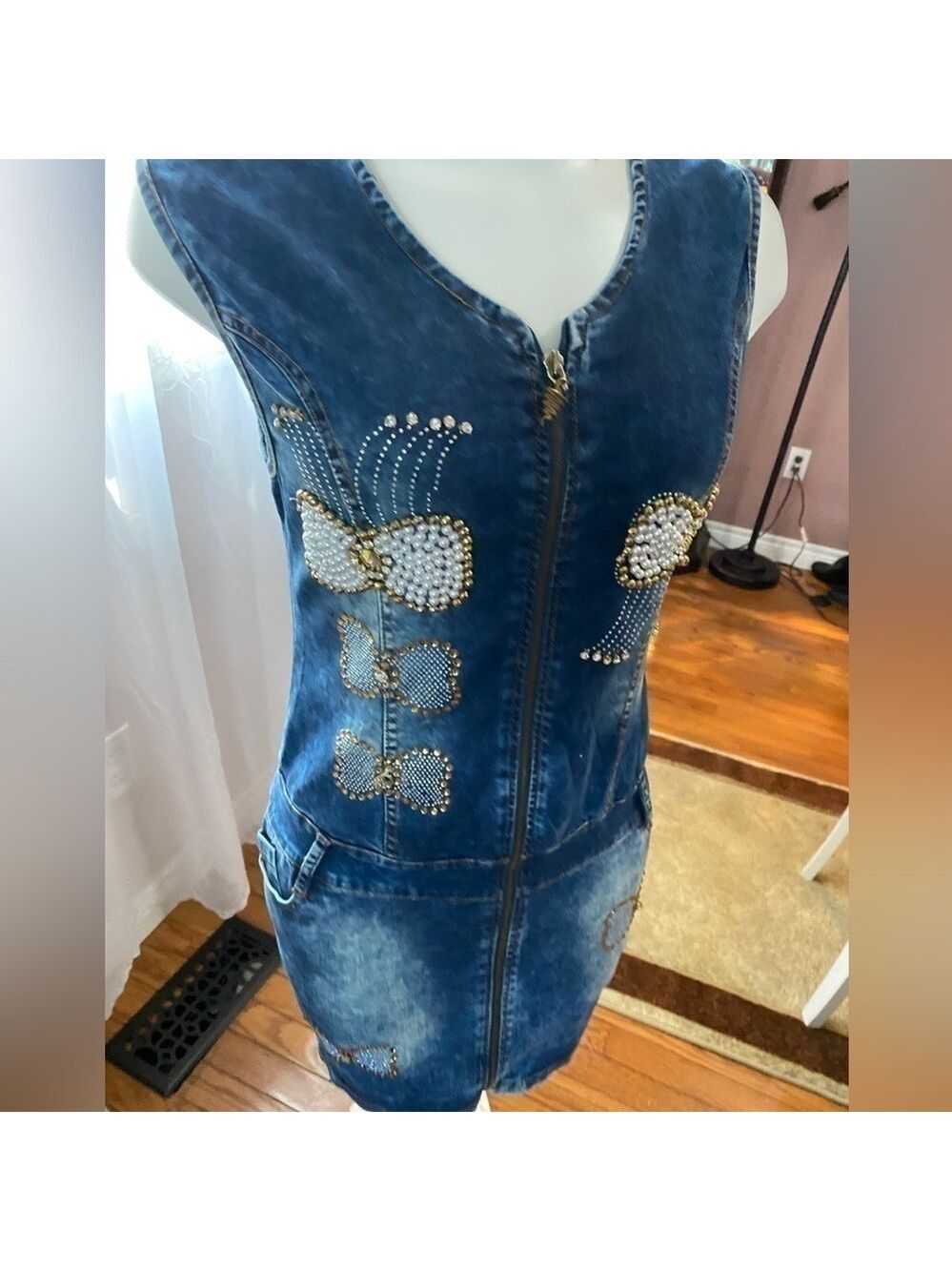 Y2k DENIM MINI DRESS EMBROIDERED BUTTERFLIES RHINESTONES MADE IN EUROPE - Picture 13 of 16